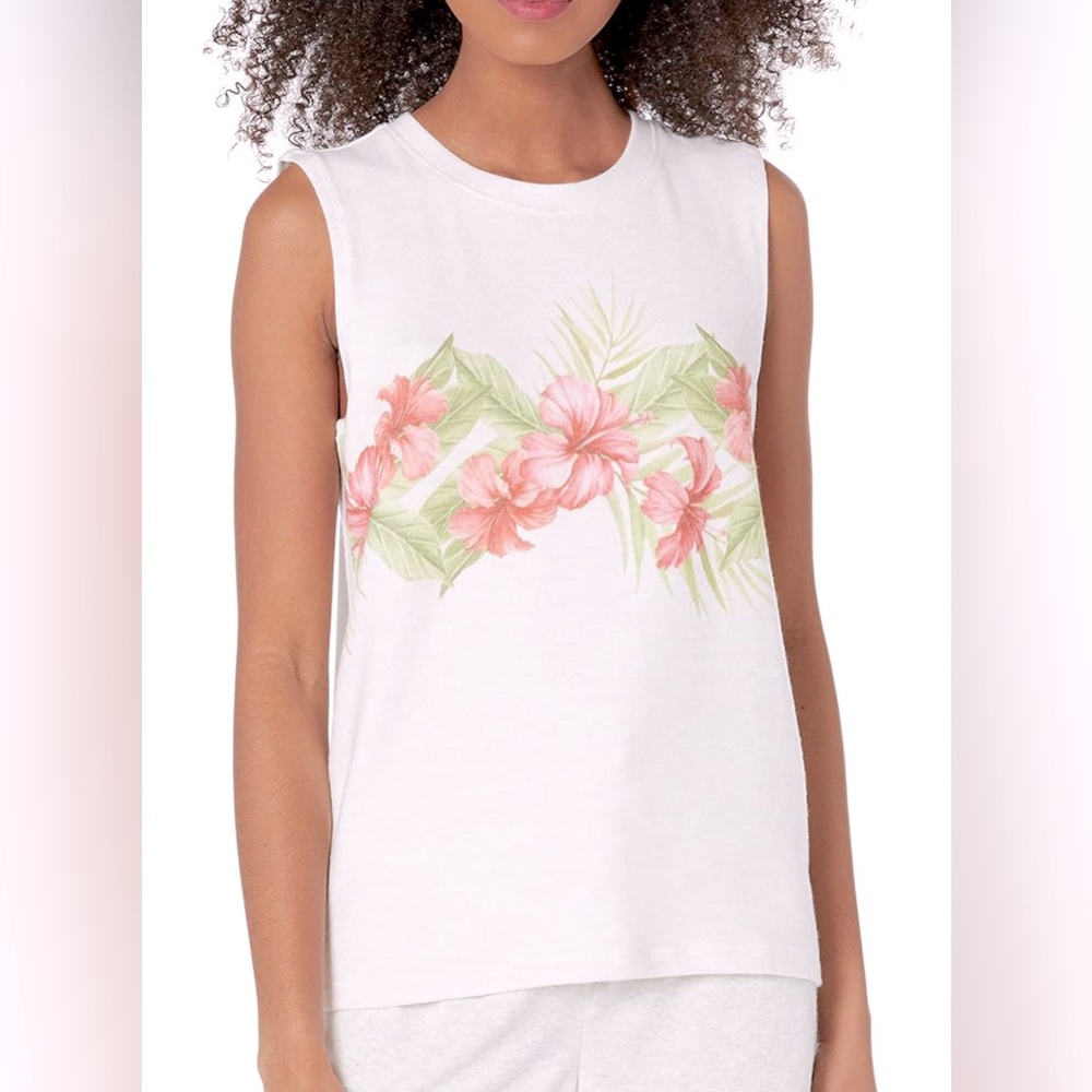 PJ Salvage Women White Tropical Hibiscus Muscle Tank Top Cloud XS‎ NEW